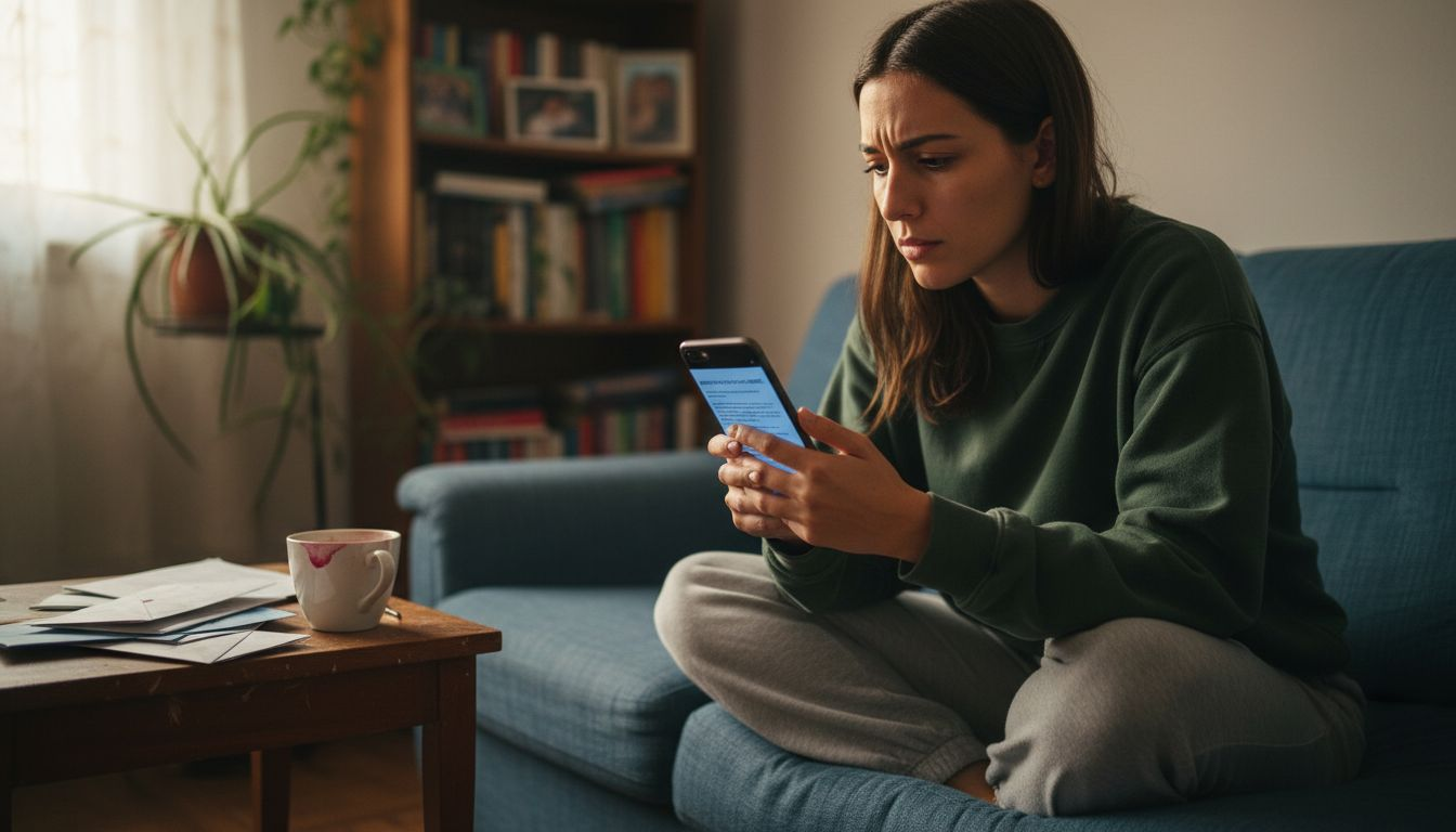 Una mujer revisa un aviso legal mientras está sentada cómodamente en el sofá.