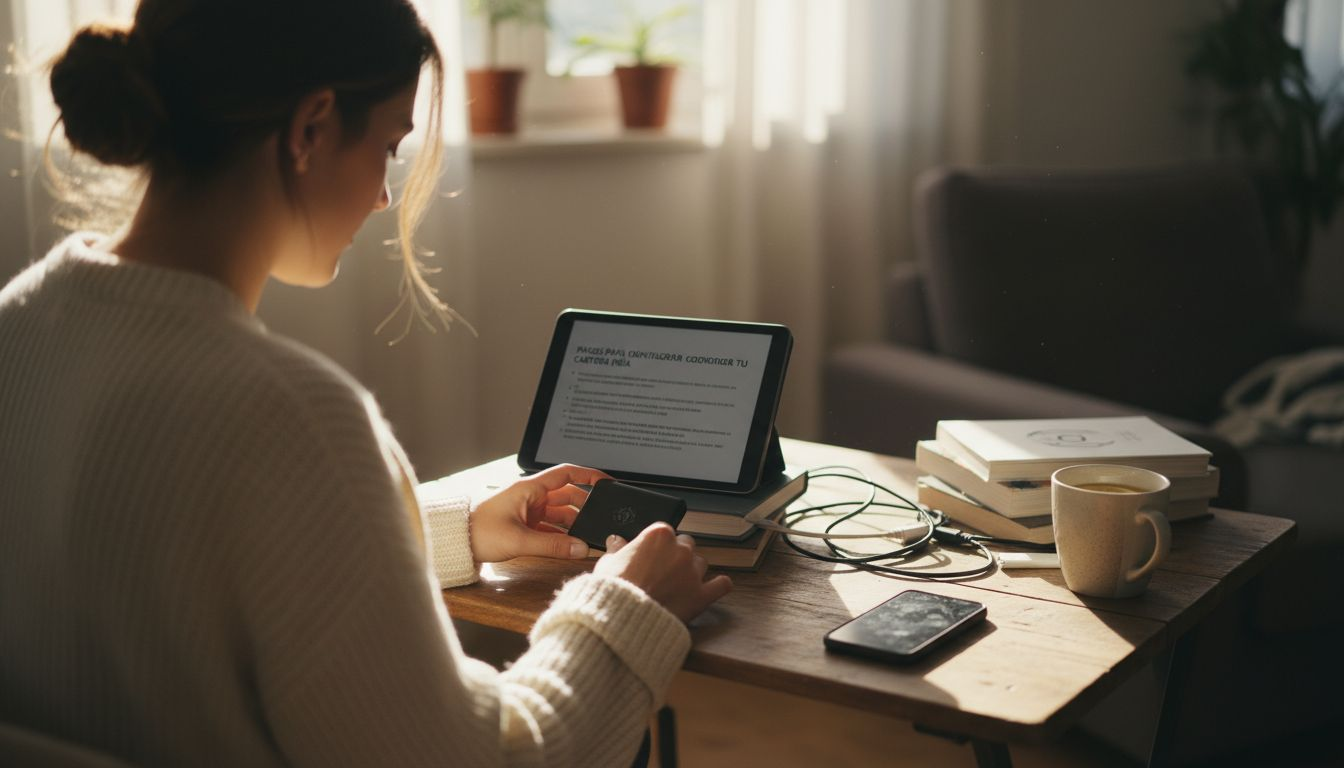 Una mujer organiza su monedero de criptomonedas sentada frente a su escritorio.