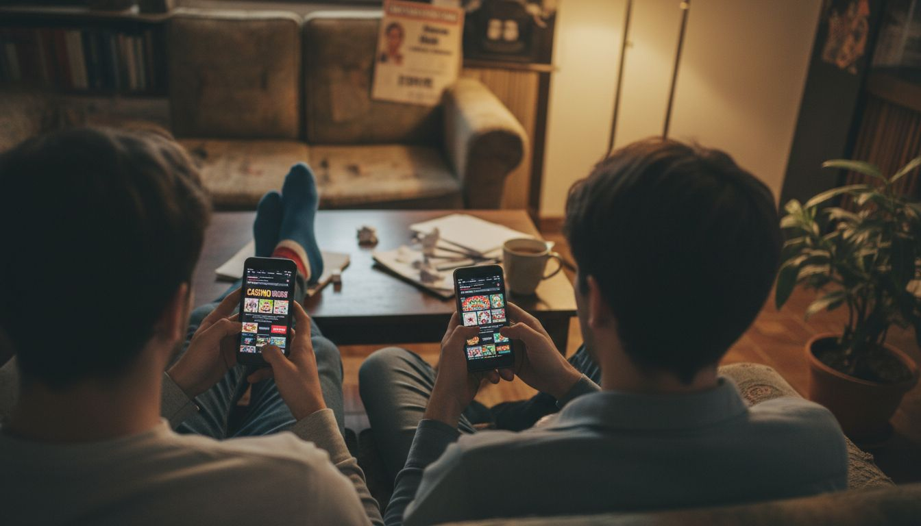 Un grupo de amigos se reúne en casa para analizar y comparar las mejores opciones de casinos online.