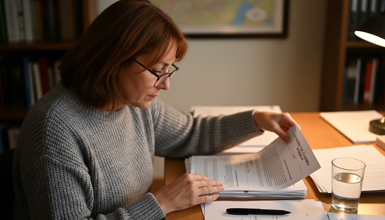 Mujer analizando documentos relacionados con la autorización de un casino.