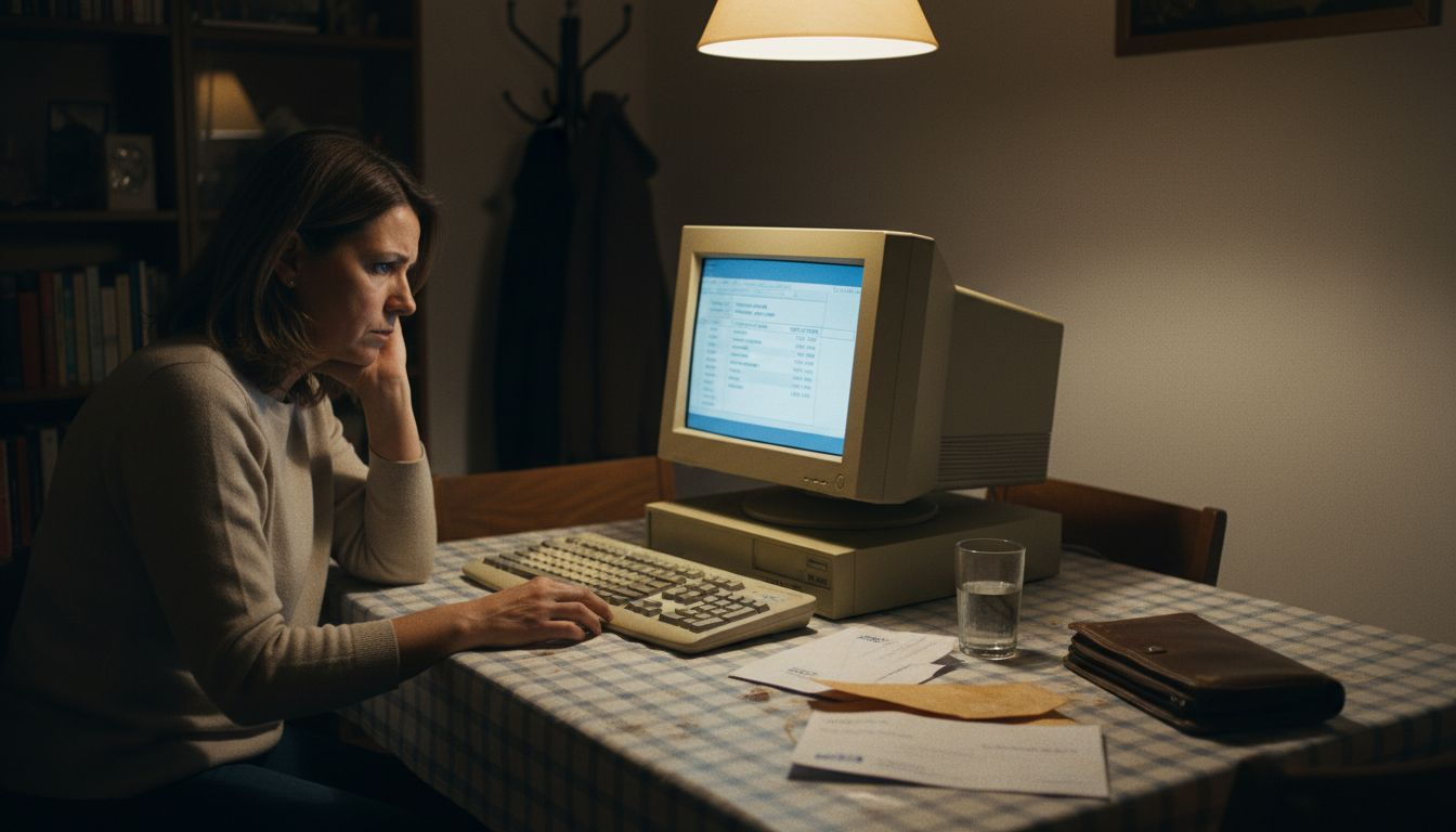 Chica curiosa jugando en un ordenador viejo