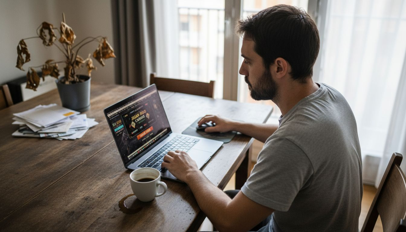 Una persona disfrutando de los juegos de casino desde la comodidad de su hogar.