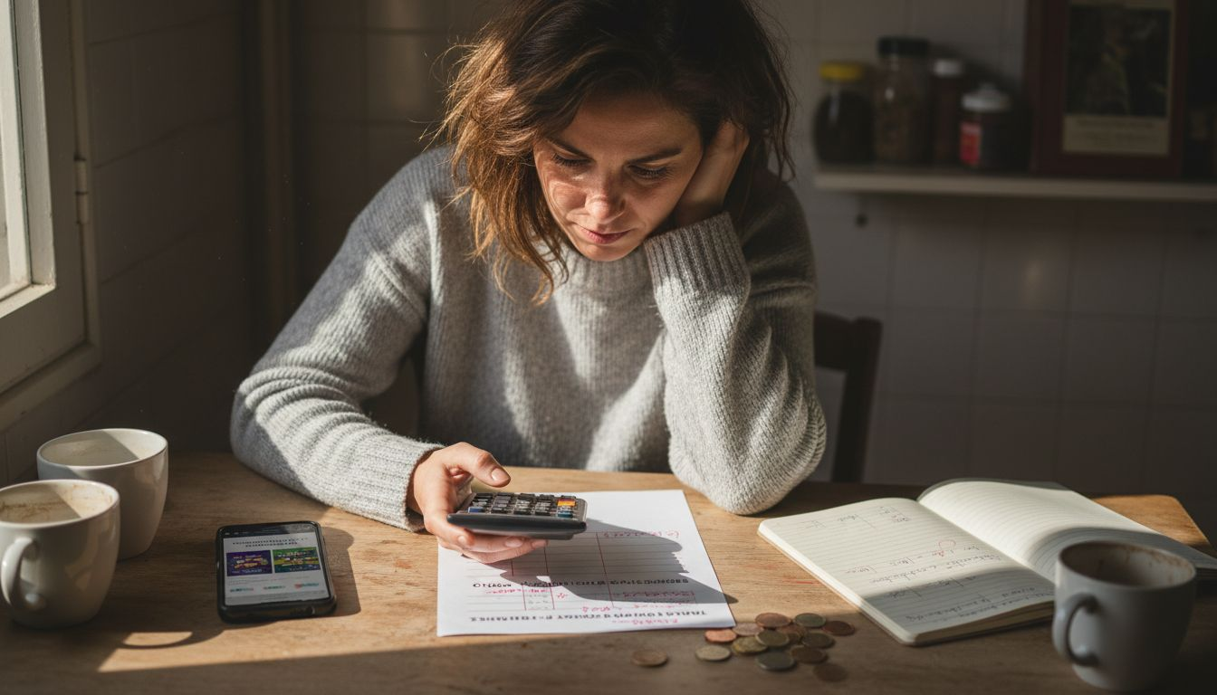 Mujer calculando sus bonos de casino con una calculadora