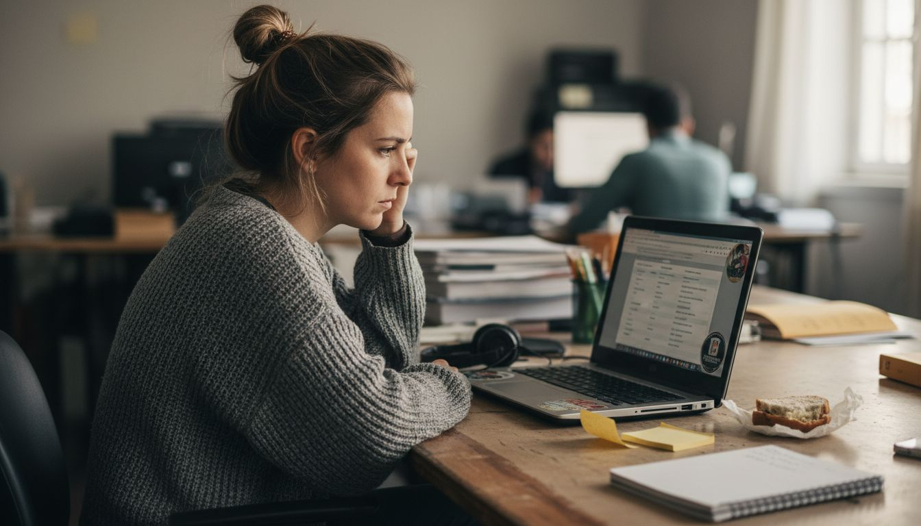 Una mujer revisa información sobre licencias de casinos mientras trabaja en su escritorio.