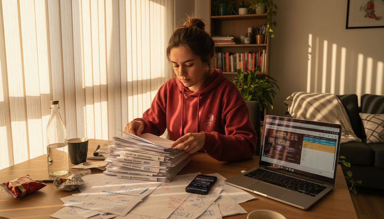 Una mujer revisa los requisitos de apuesta del casino antes de jugar.