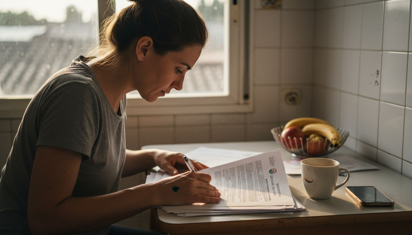 Una persona revisando documentos de licencias en la mesa de su casa