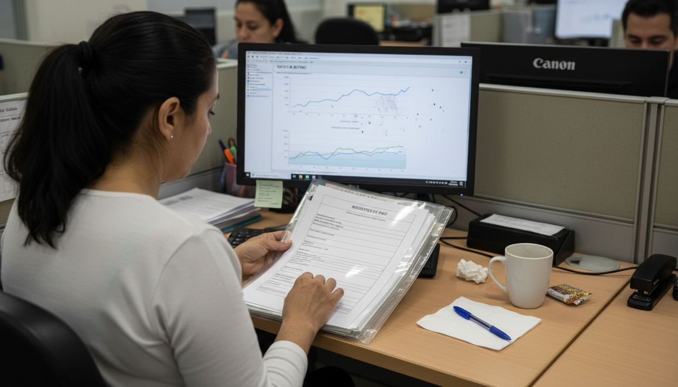 Una mujer revisa los registros de retiros realizados en el casino.