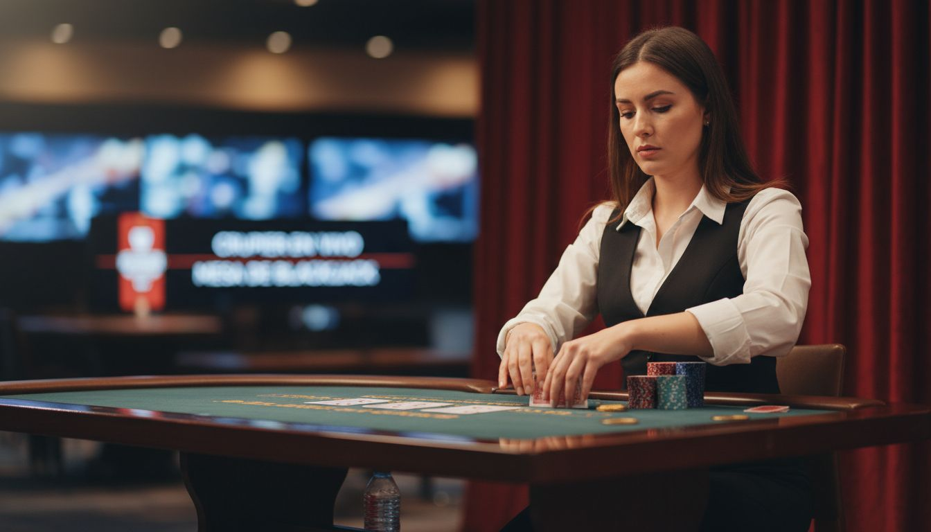 Crupier preparando la mesa de blackjack en vivo