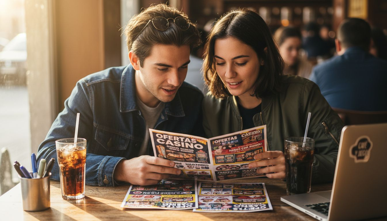 Una pareja consulta las ofertas de bonos de casino mientras disfruta de un café en una cafetería.