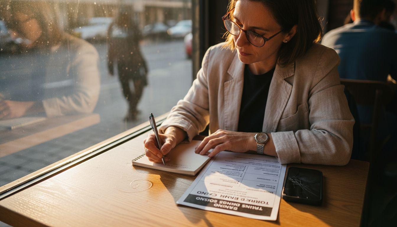 Mujer revisando detenidamente las condiciones de los bonos en un casino