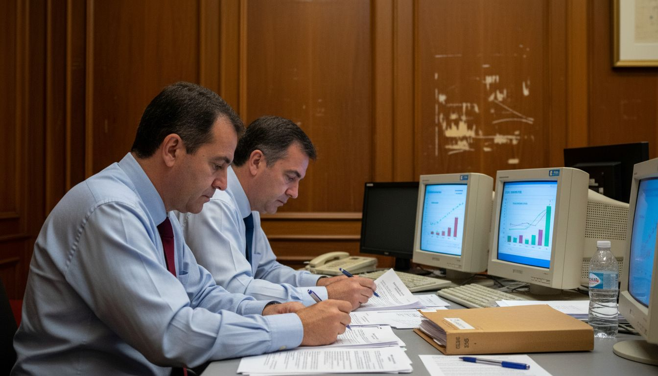 Supervisores analizando documentación y reportes del casino