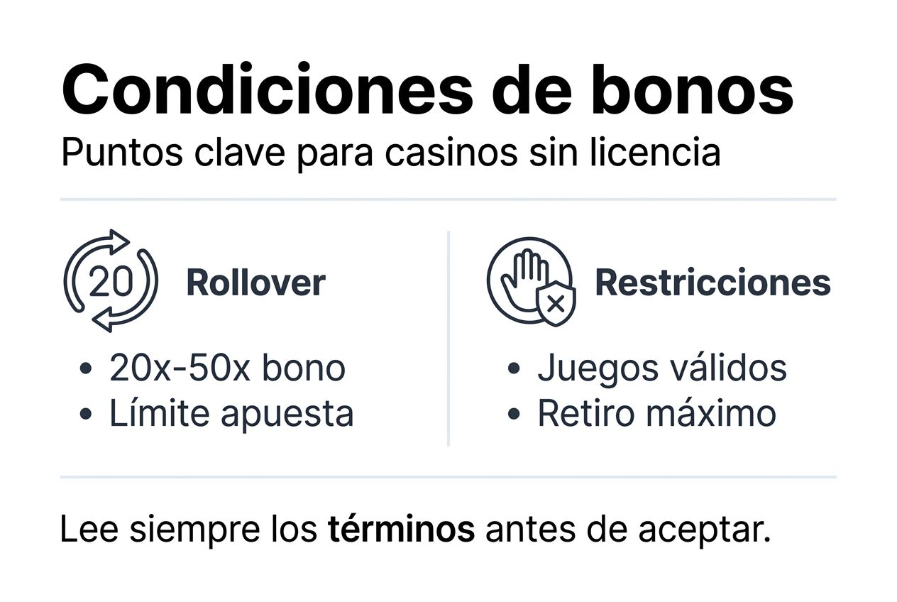 Infografía sobre los requisitos de los bonos en casinos que operan sin licencia