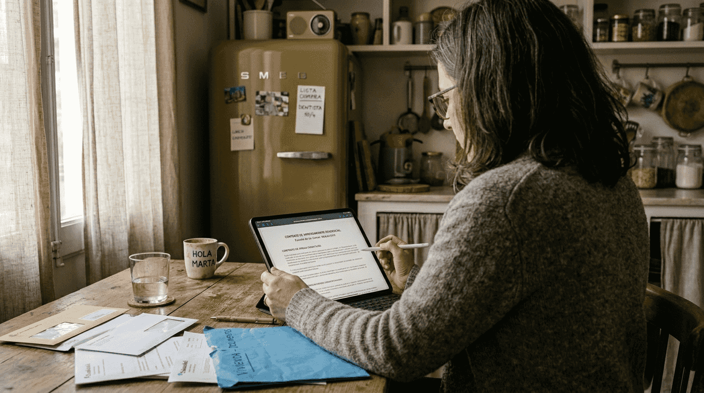 Mujer reuniendo la documentación necesaria para validar su cuenta