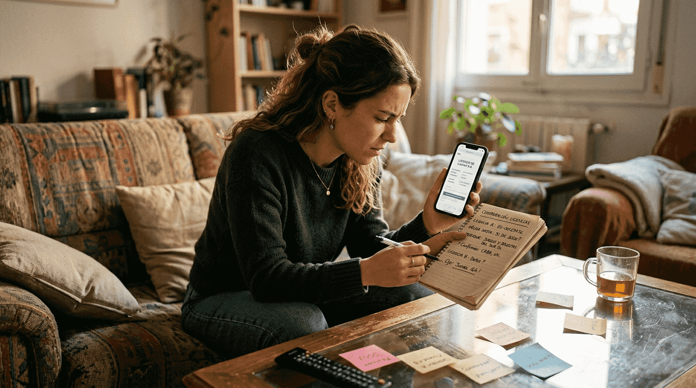 Mujer revisando y comparando en su móvil las licencias de diferentes casinos antes de elegir en cuál jugar.