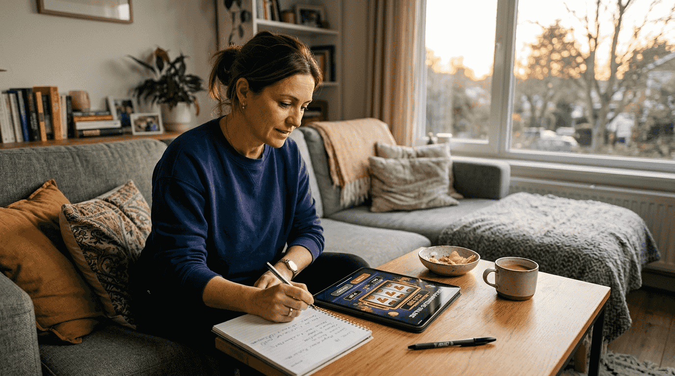 Una mujer disfruta jugando a las tragamonedas online desde su tablet.