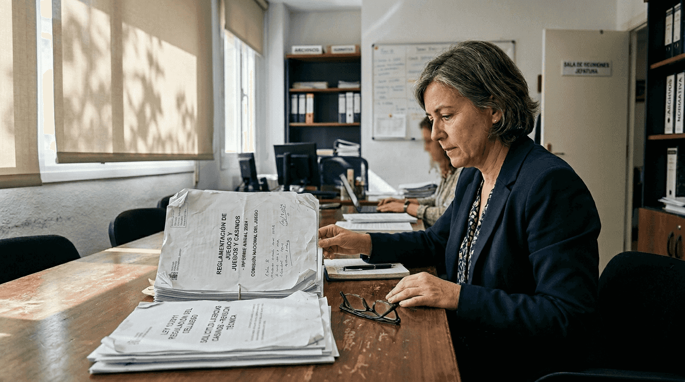 Una mujer analiza documentos relacionados con la normativa de los casinos.