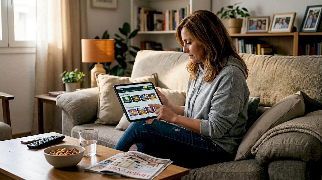 Una mujer explora diferentes juegos de casino desde la comodidad de su salón.