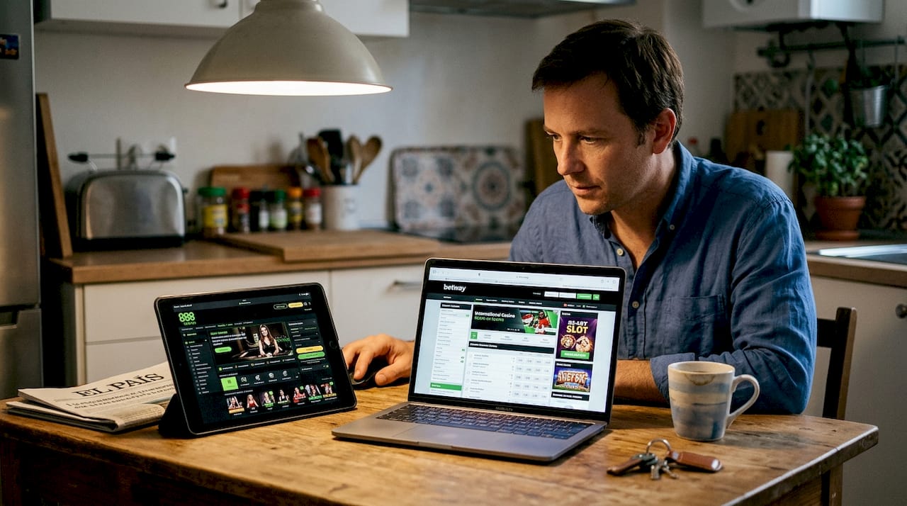 Un hombre revisando y analizando diferentes casinos internacionales para decidir cuál le conviene más.