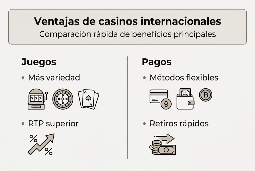 Infografía: descubre las ventajas de jugar en casinos internacionales, sus métodos de pago y la variedad de juegos disponibles