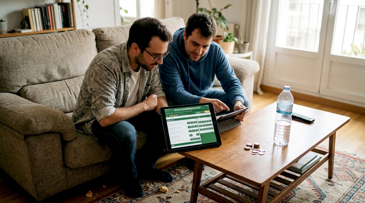 Dos colegas revisando y comentando sus apuestas online en una tablet.