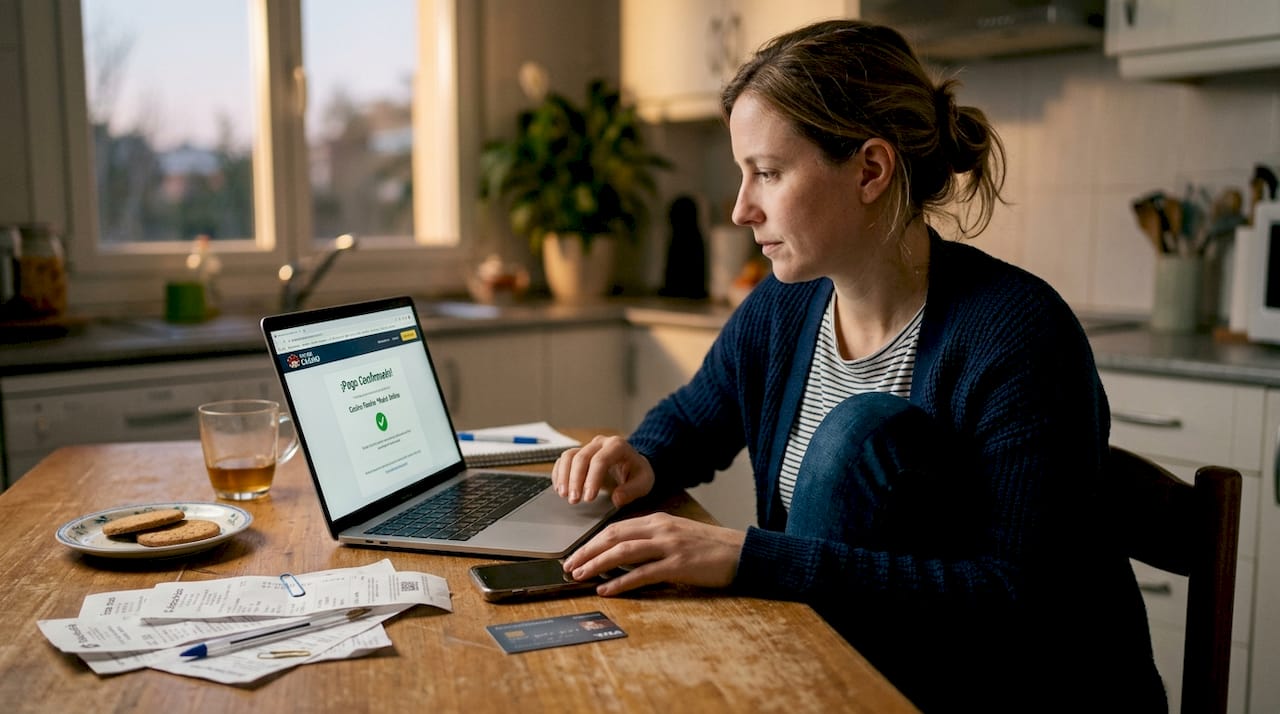 Una mujer realiza un pago seguro desde la mesa de su cocina.
