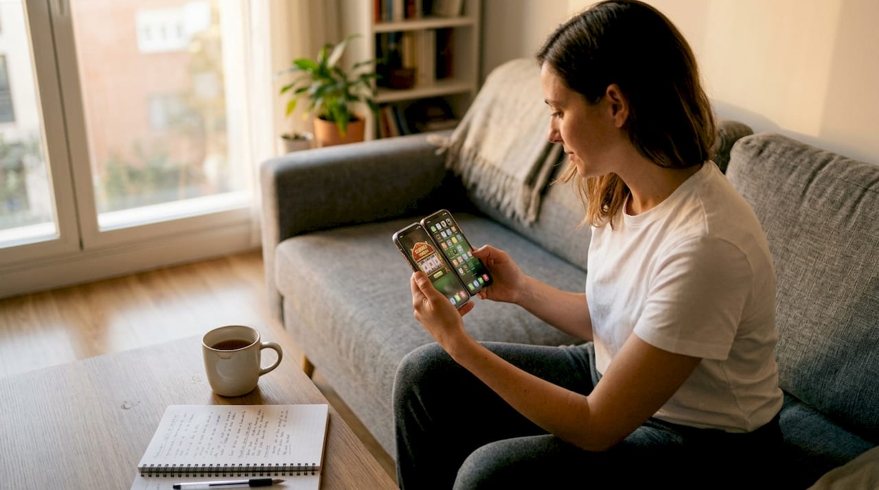 Una mujer analiza y compara diferentes aplicaciones de casino en su teléfono móvil.