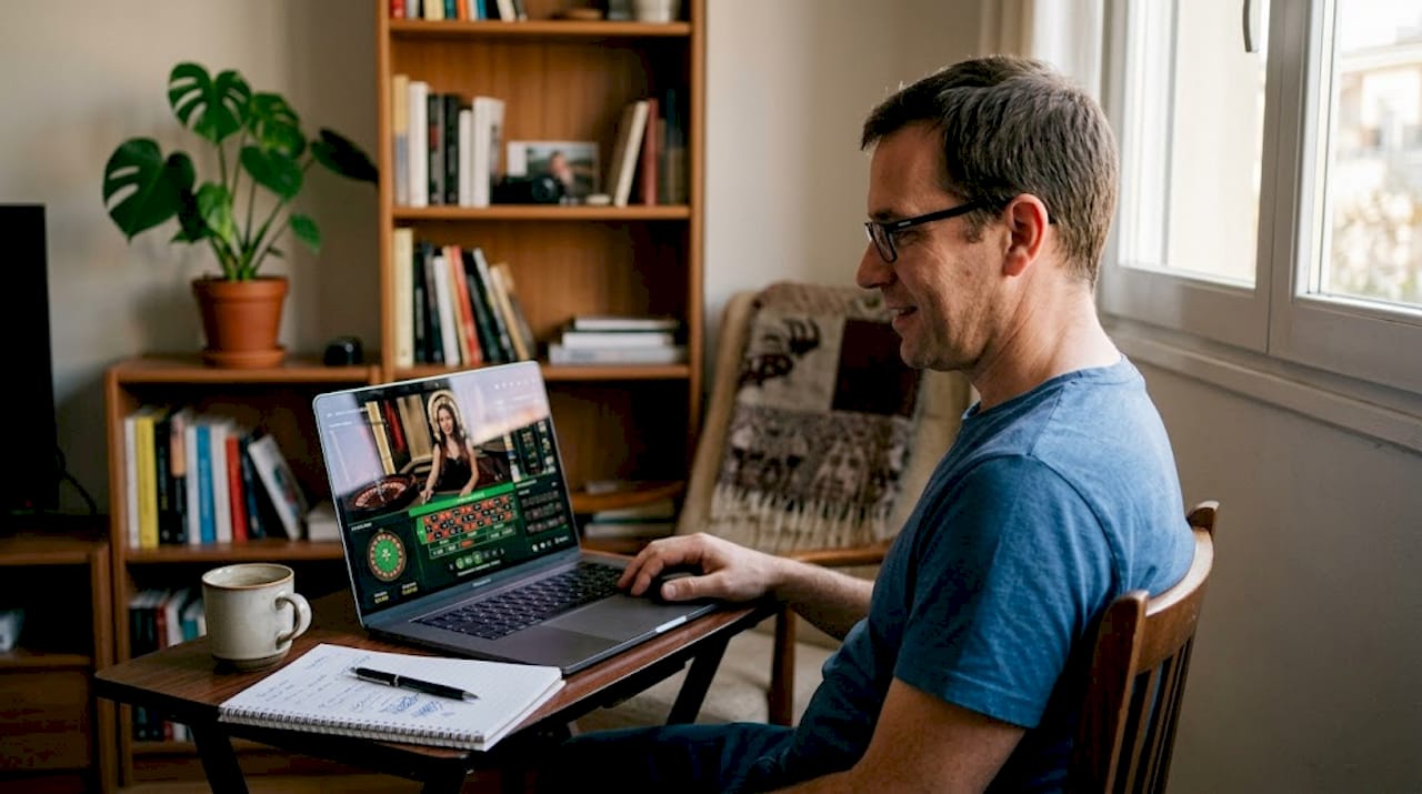 Hombre disfrutando de juegos de casino online desde la comodidad de su casa