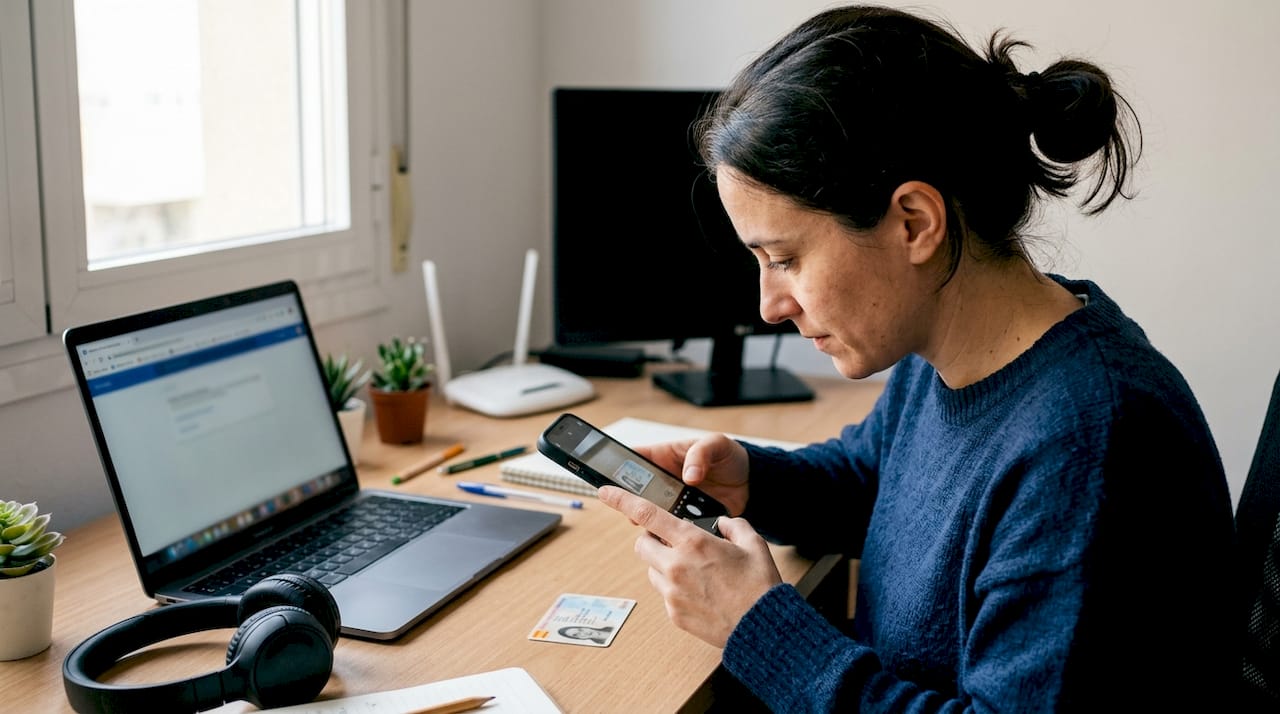 Una mujer toma una foto de su documento para completar una verificación en línea.
