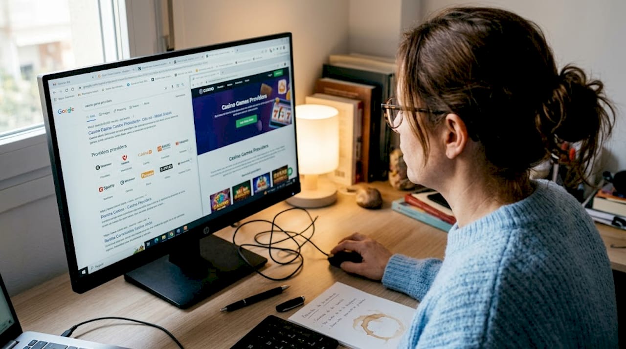 Mujer analizando opciones de proveedores de casinos online en su ordenador