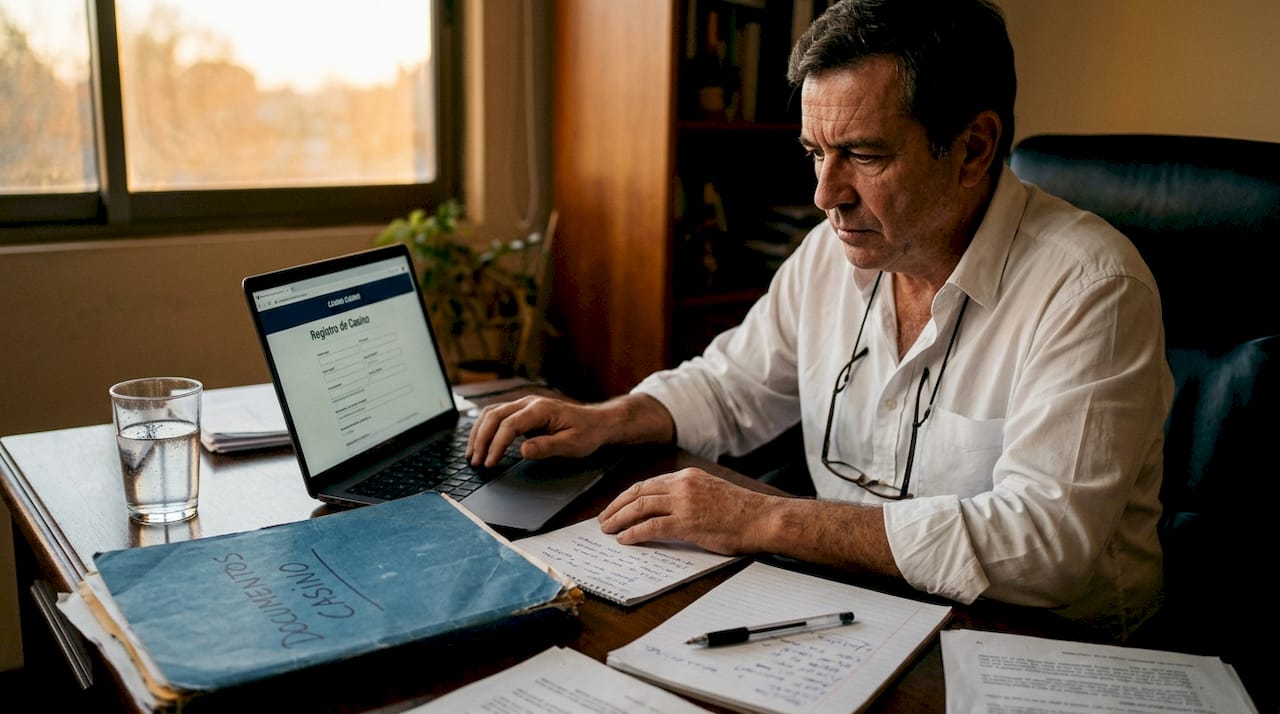 Un hombre revisa la documentación necesaria para jugar en un casino online.