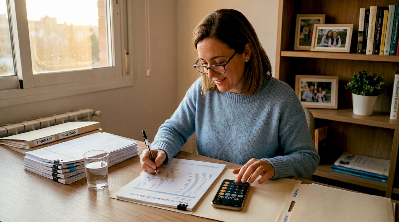 Una mujer revisa las cuentas y papeles de su hogar para asegurarse de que todo esté en orden.