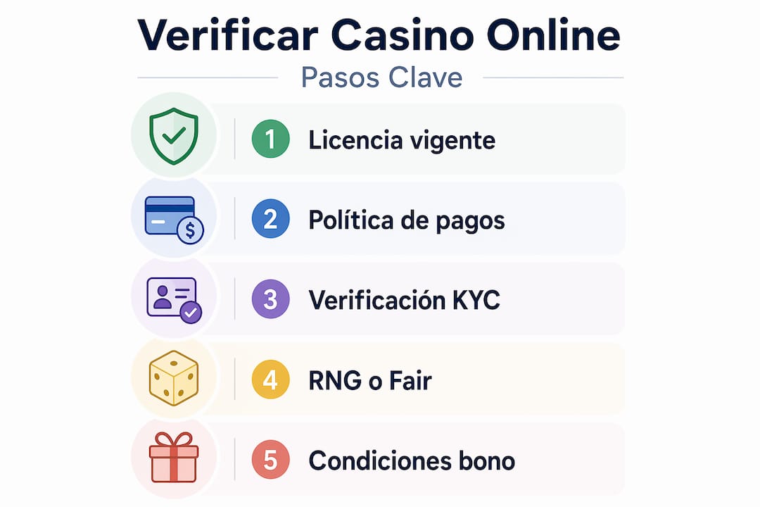 Infografía con los pasos esenciales para comprobar la seguridad de casinos en línea