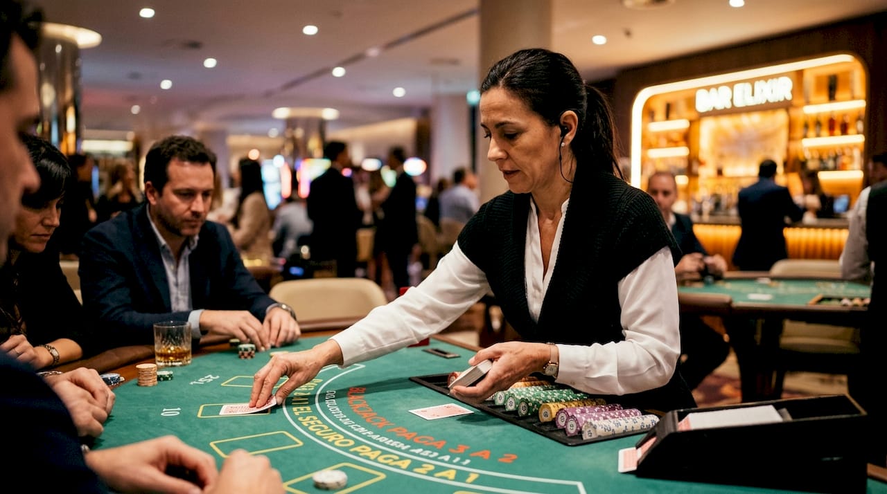 El crupier reparte las cartas en un casino híbrido online, combinando la emoción del juego en vivo con la comodidad de jugar desde casa.