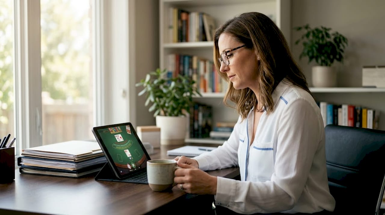 Mujer disfrutando de una partida de blackjack online desde su despacho en casa