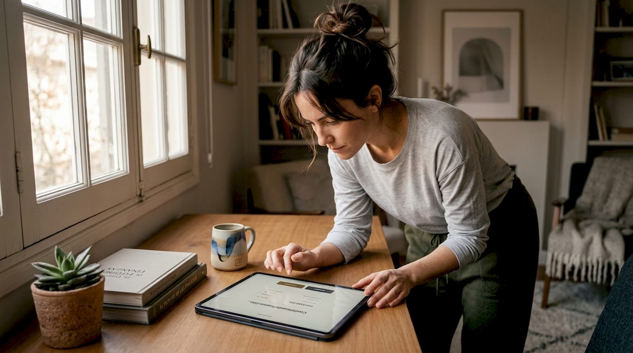 Mujer verificando un pago con criptomonedas desde su tablet