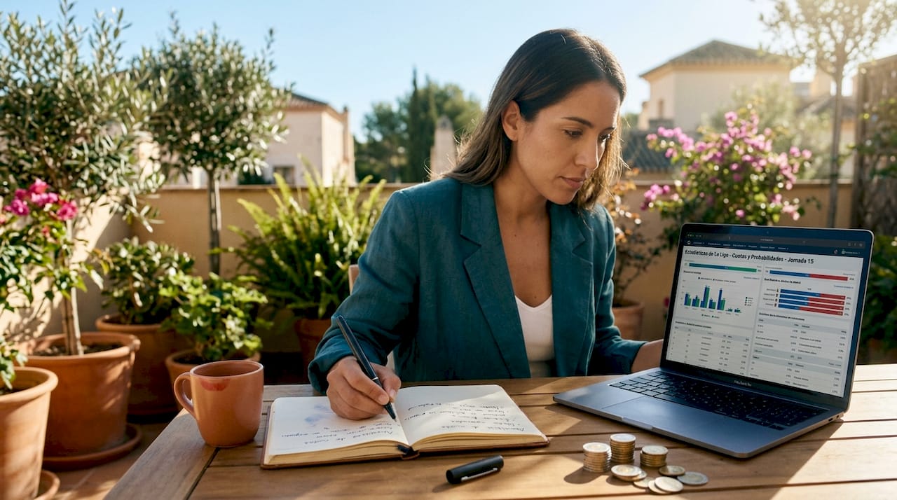Mujer revisando probabilidades financieras en su portátil rodeada de monedas