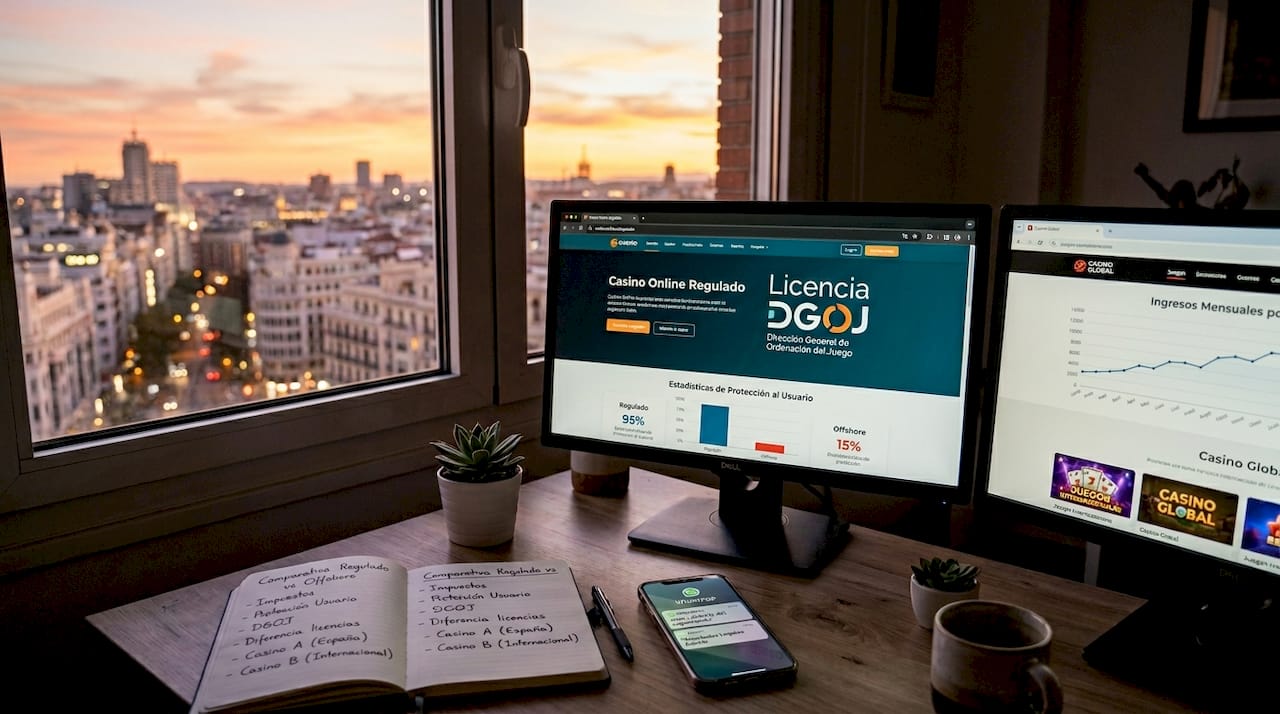 Vista de un escritorio de oficina con varias pantallas mostrando comparativas de diferentes casinos online.