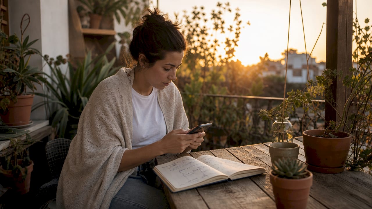 Emprendedora revisando requisitos de licencias en línea desde un espacio de coworking