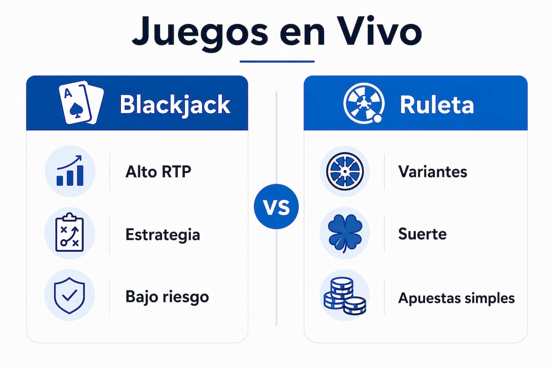 Comparativa visual entre las opciones de blackjack y ruleta en vivo