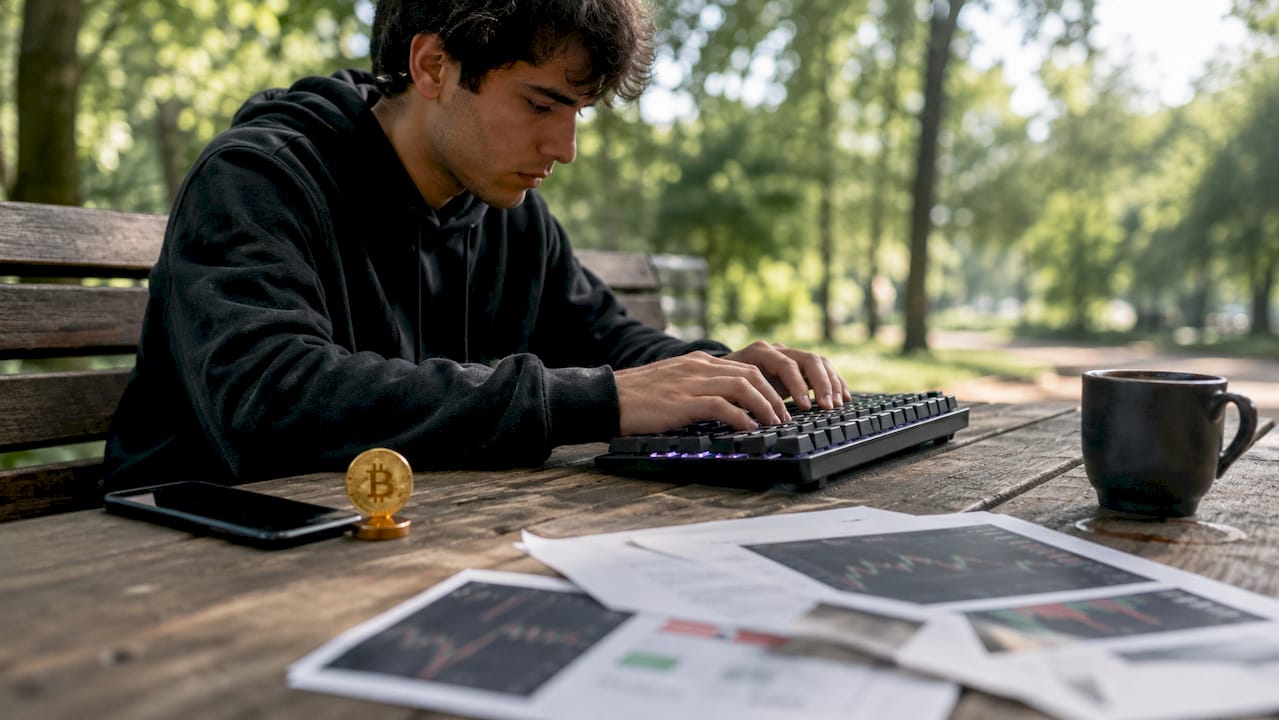 Unas manos tecleando con una moneda de Bitcoin al lado