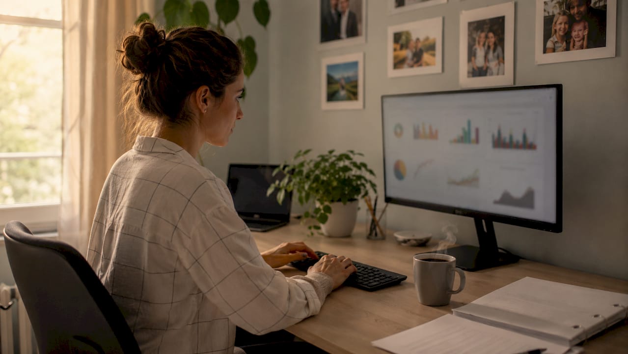 Persona revisando y llenando papeles oficiales en su escritorio de trabajo