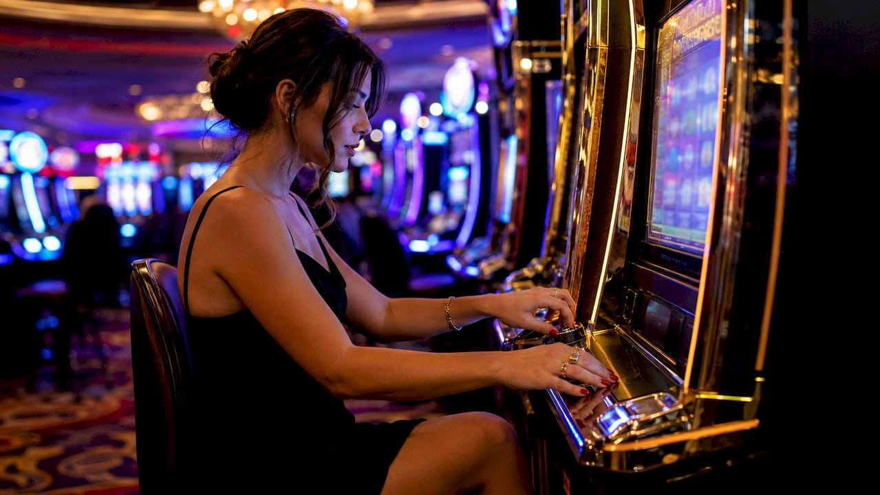 Unas manos giran los rodillos de una máquina tragamonedas en el casino.