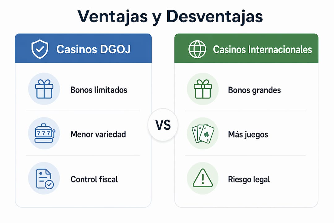 Comparativa visual de las condiciones entre casinos regulados por la DGOJ y casinos internacionales