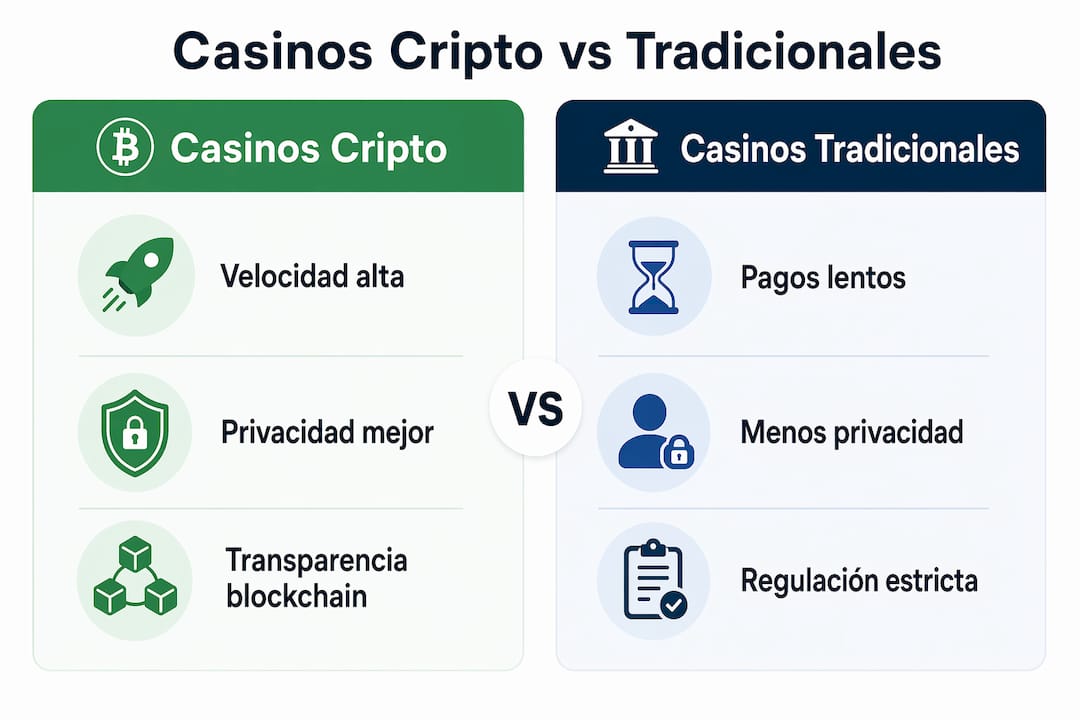 Infografía que muestra las principales diferencias entre los casinos tradicionales y los que operan con criptomonedas