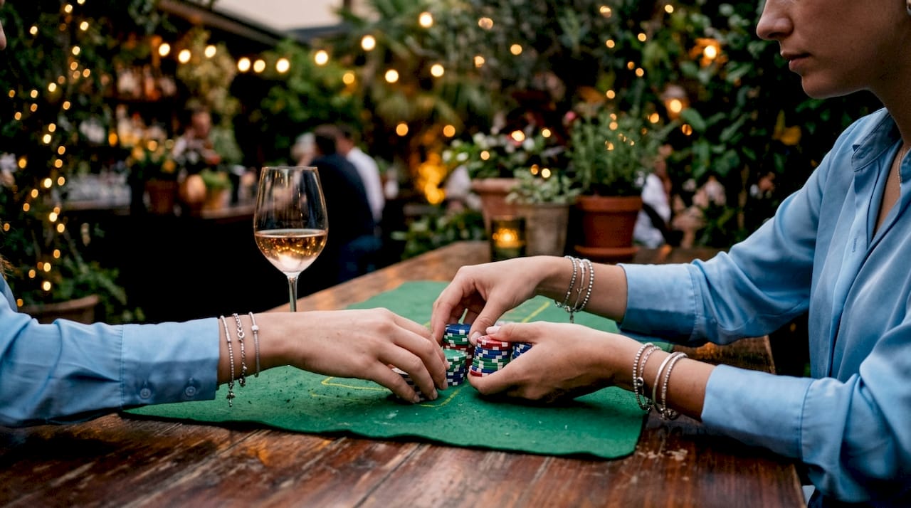 Una mujer juega con las fichas sobre la mesa del casino, moviéndolas entre sus manos con destreza.
