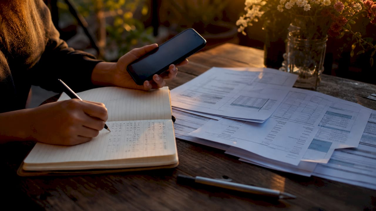 Una persona tomando notas en su cuaderno mientras revisa papeles bancarios