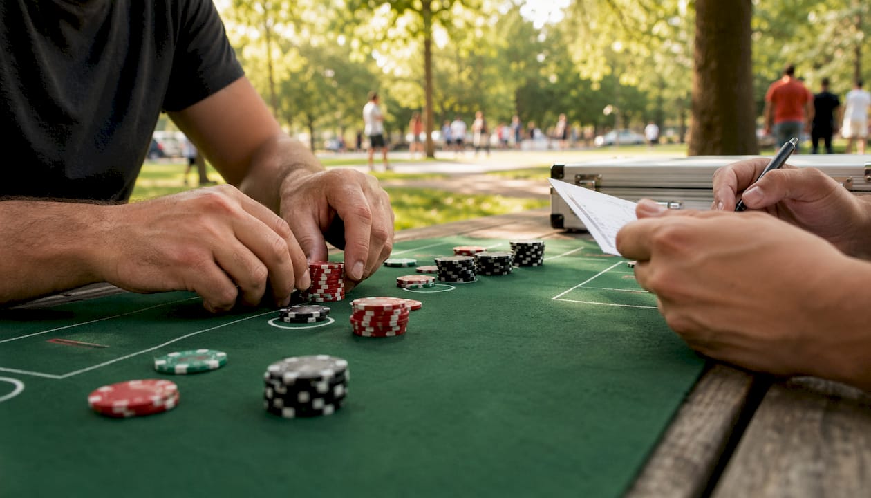 Unas manos deslizan fichas de casino sobre el tapete verde, preparándose para la siguiente jugada.
