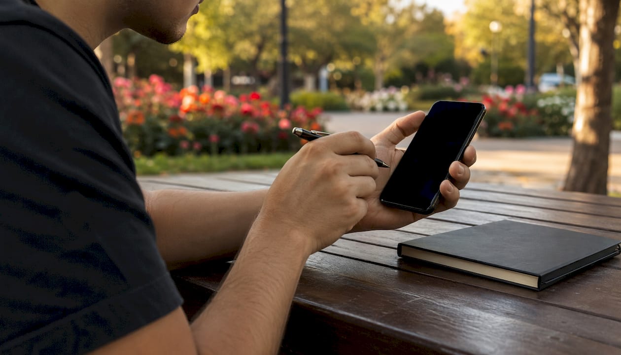 Unos jóvenes ajustan los límites de sus apuestas desde el móvil mientras disfrutan al aire libre.