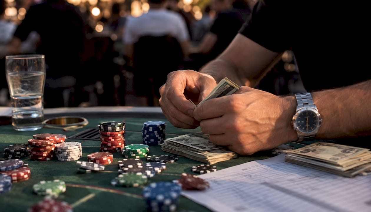 Manos moviendo fichas y dinero sobre la mesa de apuestas
