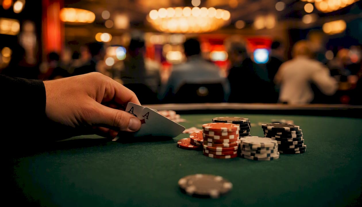 Una mano recoge fichas de casino sobre el tapete verde de la mesa.